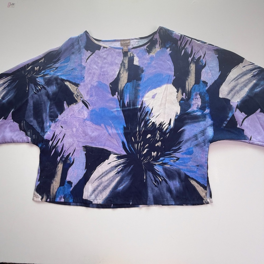 Chicos Purple Blue Abstract Floral Dolman Sleeve Satin Top Size 2 Large